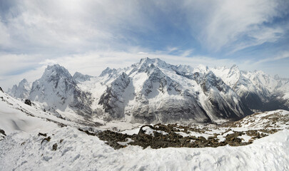 Ski mountain resort in the Caucasus mountains, Dombai, Russia. Panorama