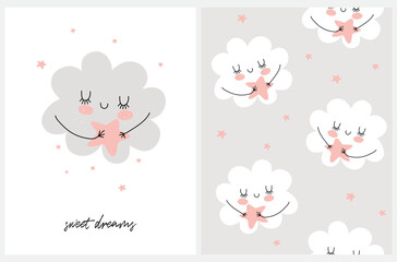 Nursery Card and Seamless Vector Pattern with Cute Hand Drawn Fluffy Cloud and Stars. Funny Repatable Print with White Clouds Isolated on a Light Gray Background ideal for Fabric, Textile. 