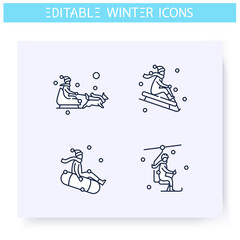 Winter sport line icons set. Outdoors activities, festive entertainments, winter holidays. Recreation and leisure concept. Christmas mood. Isolated vector illustration. Editable stroke 