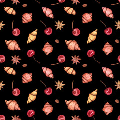 Seamless pattern with cherries, mini-croissants, anise stars and coffee beans on black isolated background. Watercolor hand-drawn elements. Festive design for decorations and good mood. 