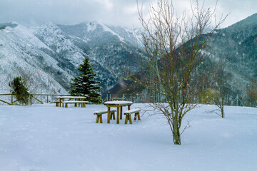 beautiful view in a park in the middle of the mountains in snowy winter
