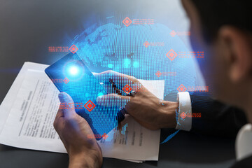 Man in office working with Smartphone, Searching for new countries to work with. International world map hologram, typing phone. Double exposure.