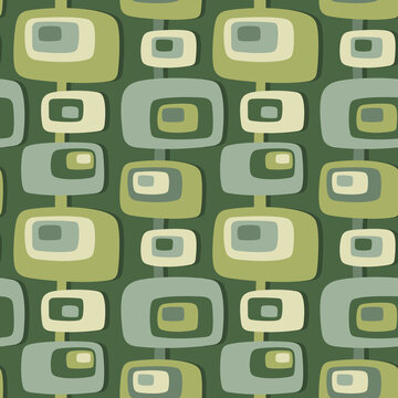 Background mid-century modern art. Abstract geometric seamless vector pattern. Decorative ornament in retro vintage design style. Green color. Atomic stylized backdrop. 