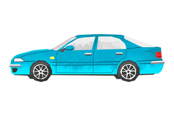 Obraz premium Watercolor blue car. Isolated automobile. Cartoon print for kids room. Side view of vehicle. Urban transportation