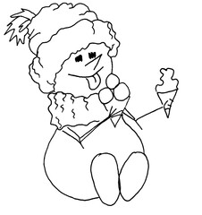 Doodle snowman sitting and eating ice cream, in cartoon style.