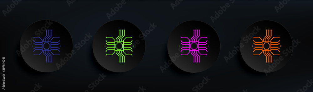 Poster microchip electronic device dark badge color set. simple thin line, outline vector of artifical icon