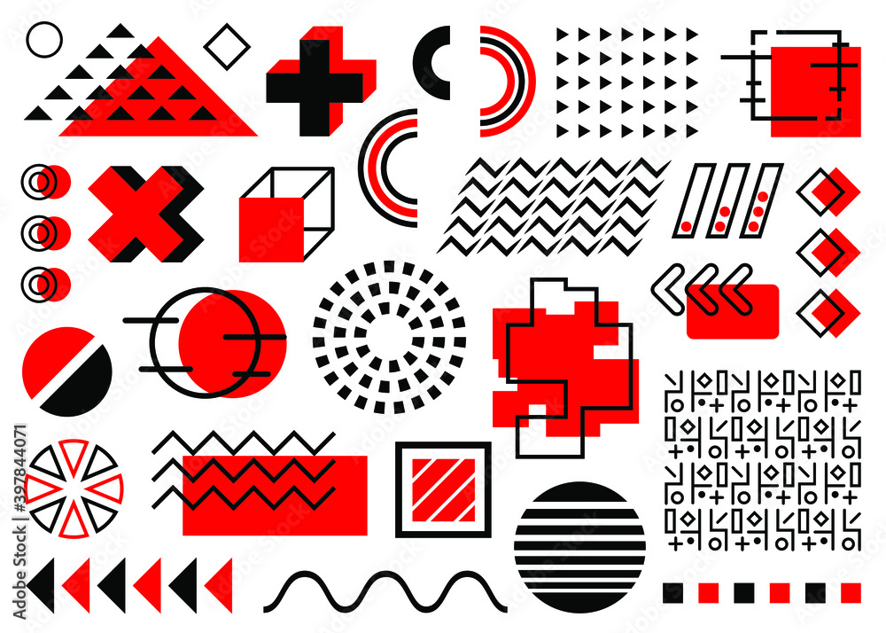 Wall mural vector red and black memphis set isolated on white background. triangles, zigzags, circles, squares 