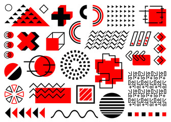 Obraz premium Red and black memphis set isolated on white background. Triangles, zigzags, circles, squares and other flat design shapes. For your design as flyers, banners, brochures, cards,