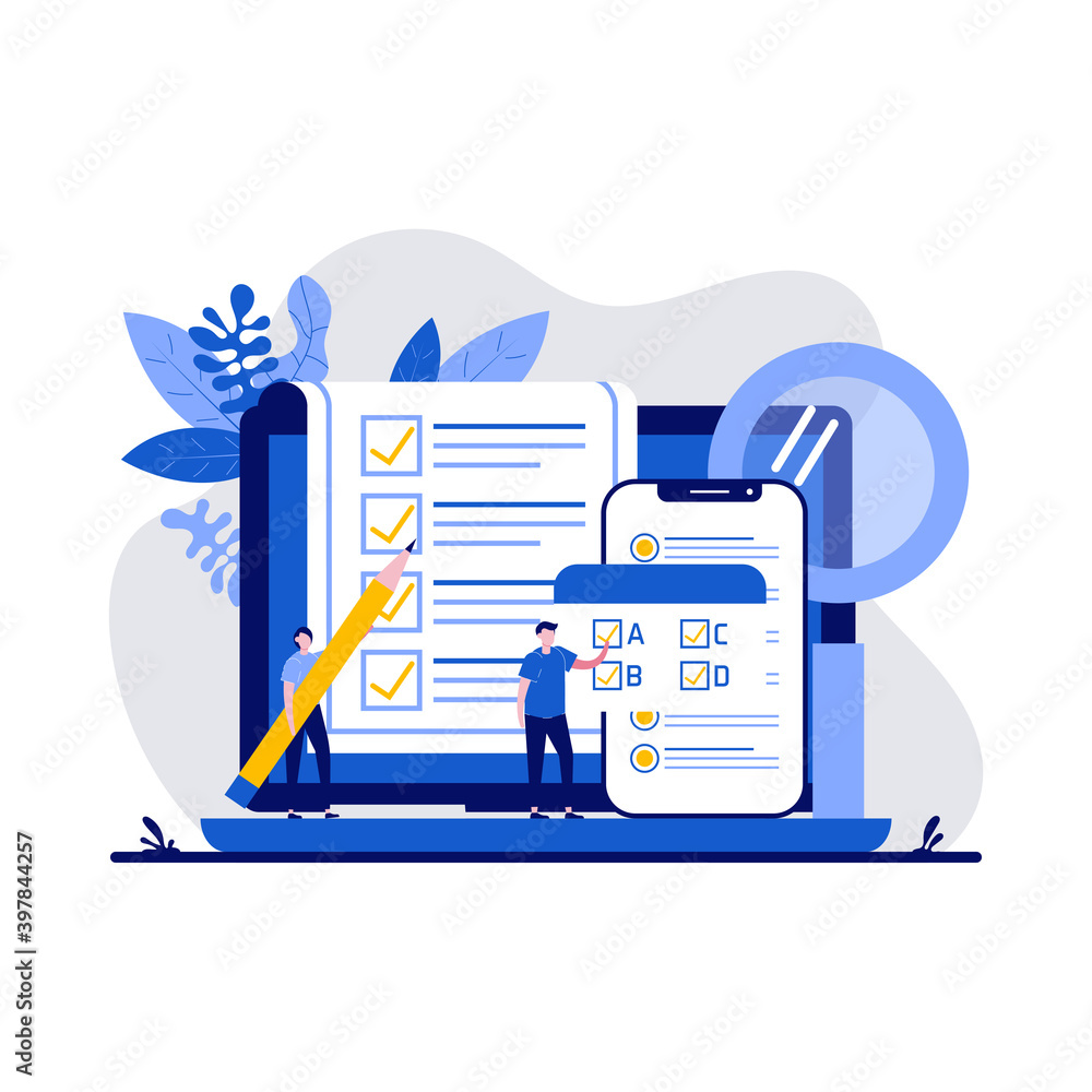 Poster testing concept with character. people answering quiz checklist and success result abstract vector i