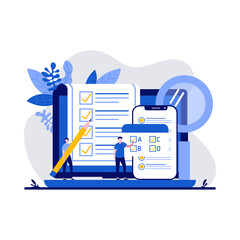 Testing concept with character. People answering quiz checklist and success result abstract vector illustration. Online exam, questionnaire form, online education, survey metaphor - obrazy, fototapety, plakaty