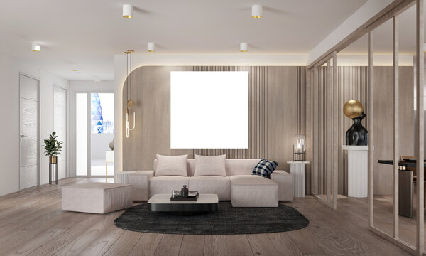 3D rendering of modern cozy mock up interior design of living room and wall texture background 