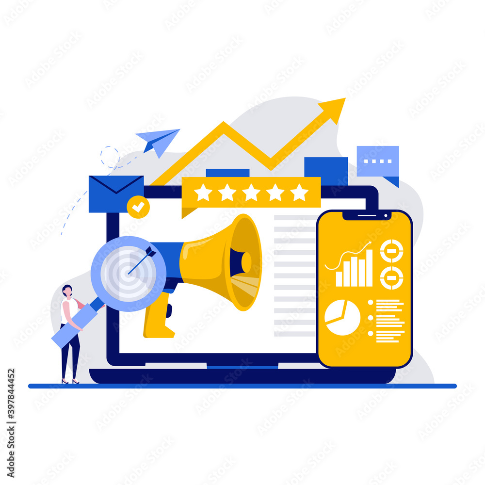 Aufkleber digital marketing concept with tiny character. social network and media communication flat vector il