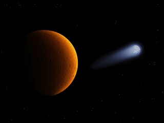 Red planet with craters and comet on black background with stars