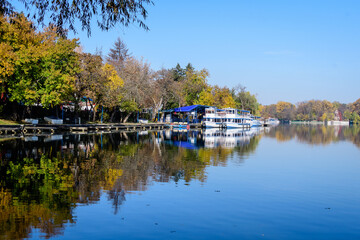 Fototapeta na wymiar Landscape with white boats on Herastrau lake and large green trees in Herastrau Park in Bucharest, Romania, in a sunny autumn day.