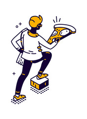 Fototapeta na wymiar Man delivering food isometric vector illustration, man carries a large pizza piece in his hands