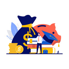 Education and investment concept with tiny character, money, book, hat and coins cash. Businessman learning success and finance course. Student loans, scholarships, savings for study metaphor