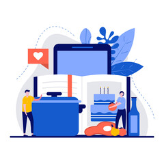 Education and cuisine concept with tiny character. People learning culinary, cooking course flat vector illustration. Food blog channel, video tutorial, online education, distance learning metaphor