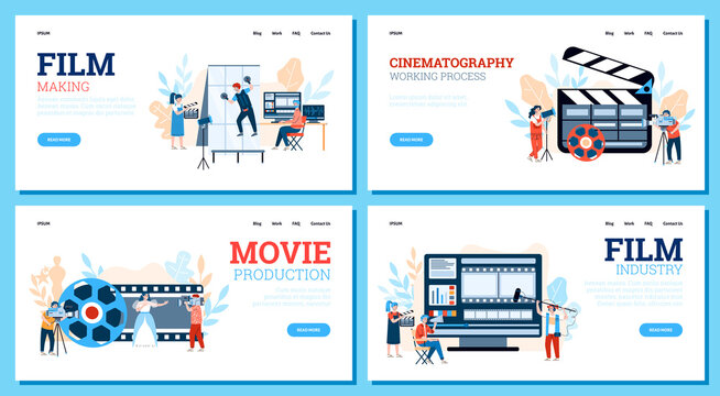 Set of website banners for filmmaking industry with professional filmmakers and cameraman, flat cartoon vector illustration. Movie production web pages bundle.
