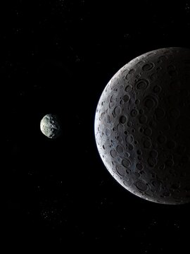 Moon with craters and asteroid in deep space, rocky satellite 3d illustration