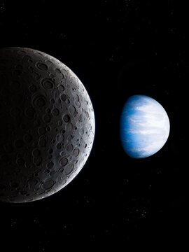 Earth-like planet and rocky satellite with craters in deep space 3d illustration