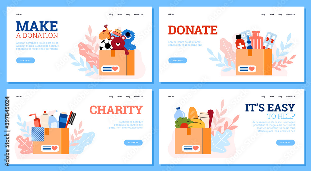 Wall mural charity and donation concept. set of vector landing page templates with cardboard boxes full of food