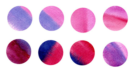 Set of hand painted watercolor circles in pink, magenta, magenta, red, blue, purple and white