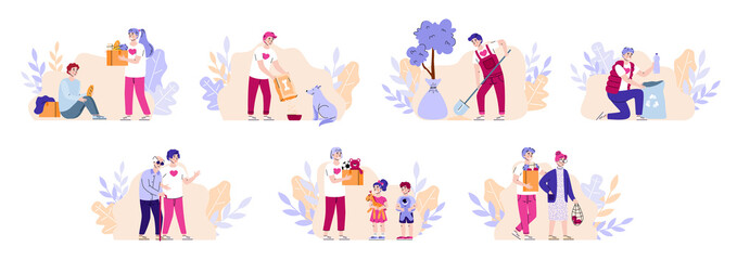 Concept of volunteering. Set of scenes with volunteers doing charity work - donation food and toys, help to elder, feed homeless animals, improve environment. Vector illustration