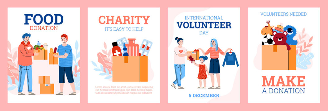 Vector set of posters for International volunteer day. People collect donations in cardboard boxes - clothes, food, toys for kids and medications. Donate, help and charity for poor