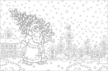 Santa Claus walking down a snowy street of a small pretty town and carrying a prickly fir from a winter forest to decorate it for Christmas and New Year, vector cartoon illustration