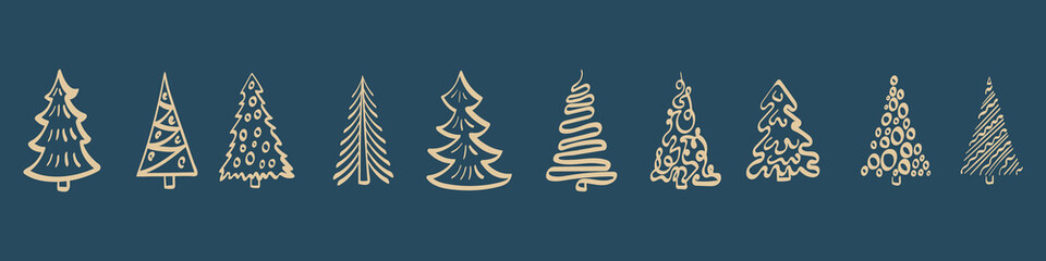 Hand drawn Christmas tree standing in a line. Horizontal border on dark blue background. Vector illustration.