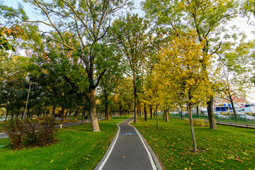 Bike and running lane in Drumul Taberei Park, also known as Moghioros Park, in Bucharest, Romania, at sunrise in an autumn morning.