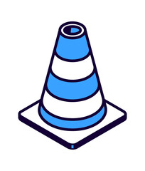 Striped road cone isometric icon, road works equipment isolated vector illustration