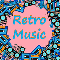 A retro music frame made from an old hipster retro technique music audio player with headphones, an audio tape recorder and an 80's 90's audio cassette and copy space. The background