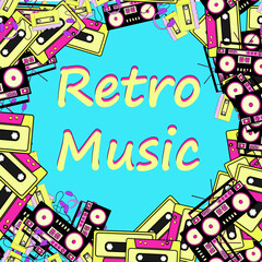 A retro music frame made from an old hipster retro technique music audio player with headphones, an audio tape recorder and an 80's 90's audio cassette and copy space. The background