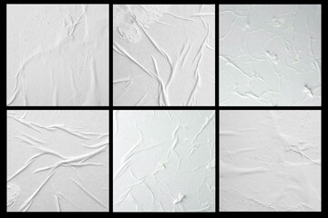 Six sheets of crumpled paper with folds on a black background.