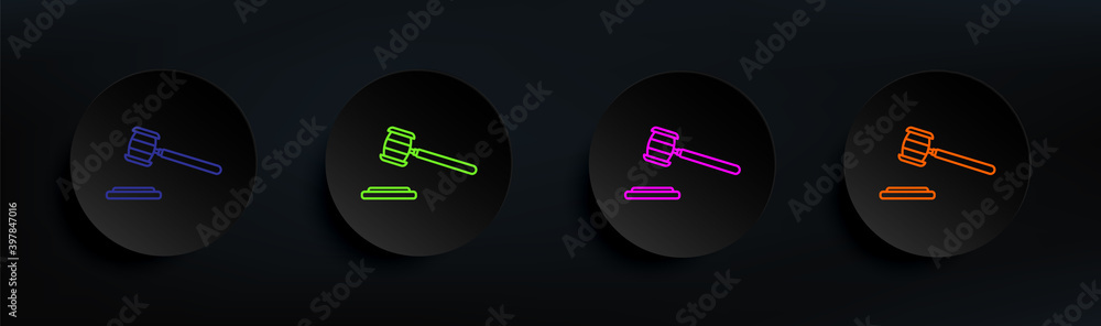 Poster court hammer dark badge color set. simple thin line, outline vector of crime investigation icons for