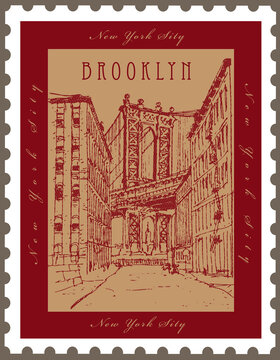 Vector image of a postage stamp with New York views in graphic style.