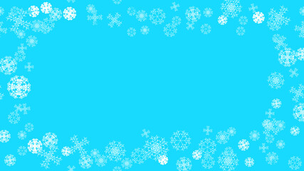 Bright colorful pattern texture of a frame of white snowy winter festive New Year's Christmas various abstract carved snowflakes. illustration