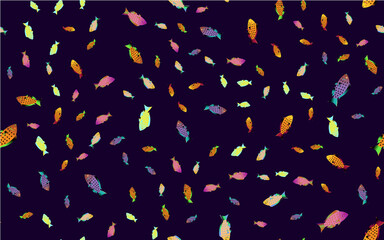 Bright motley pattern seamless from a variety of different colorful purple sea fish in the water of a waterfowl in a sea aquarium with fins. illustration