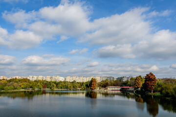 Fototapeta premium Landscape with many large green and yellow old trees near the lake in a sunny autumn day in Tineretului Park in Bucharest, Romania .