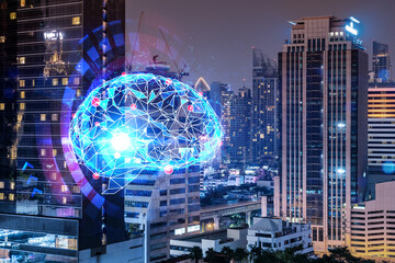 Human brain hologram, aerial panoramic city view of Bangkok at night. Educational cluster in Asia. The concept of artificial intelligence. Double exposure.