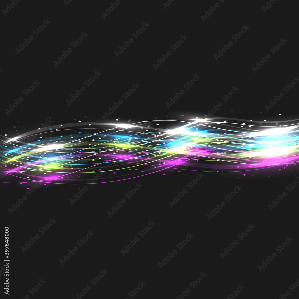 Poster set of multicolored abstract lines of energy magical electric magic lines of waves on a translucent 