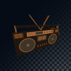 Old retro vintage music cassette tape recorder, boombox from the 70s, 80s, 90s on a translucent dark squared gray background from squares. illustration