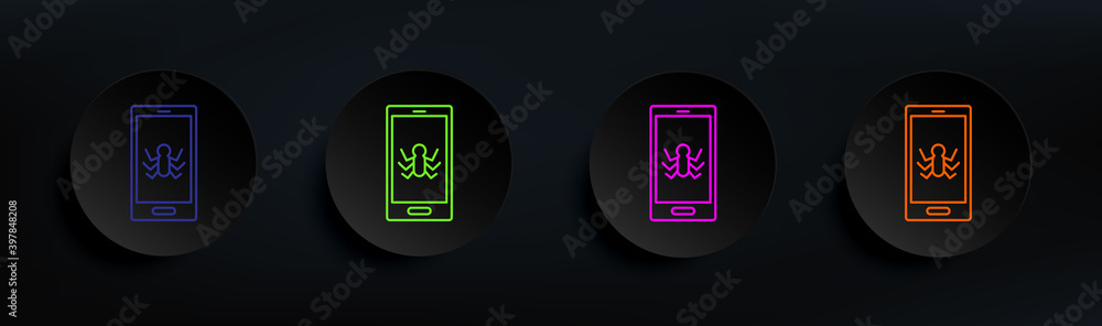 Poster bugs in phone dark badge color set. simple thin line, outline vector of crime investigation icons fo