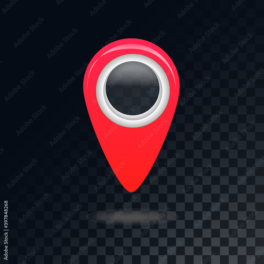 Poster red bright noticeable mark of geolocation on a translucent, dark, checkered gray background of squar
