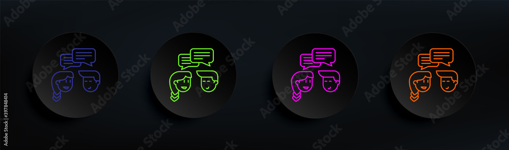 Poster communication between boy and girl dark badge color set. simple thin line, outline vector of friends