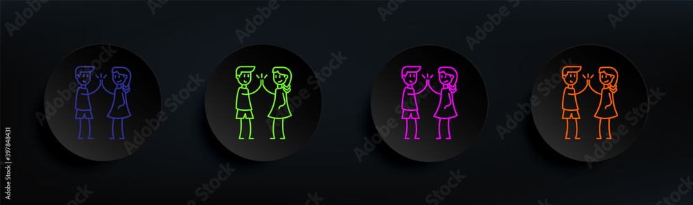 Poster happy friends dark badge color set. simple thin line, outline vector of friendship icons for ui and 