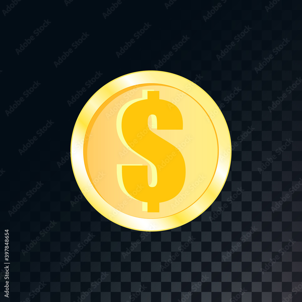 Poster beautiful shiny golden round dollar coin on a translucent dark squared black background from squares