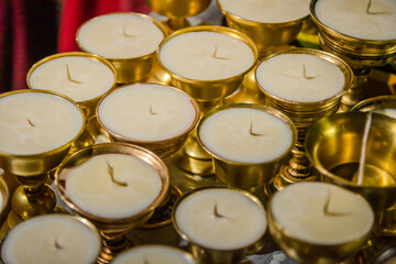Butter diya or lamps of brass used in tantric rituals or as offering in Tibetan Buddhism is conspicuous feature of Tibetan Buddhist temples and monasteries in the Himalayas of Spiti valIey of India.