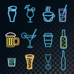 A set of neon bright glowing icons for a bar of cocktails, beer, glasses, coffee, tea, mugs, bottles of whiskey on a translucent dark in a squared black background from squares. illustration